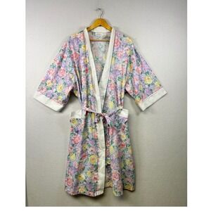 Vintage Adonna Floral Print Robe Kimono Style Belted Pockets XLarge